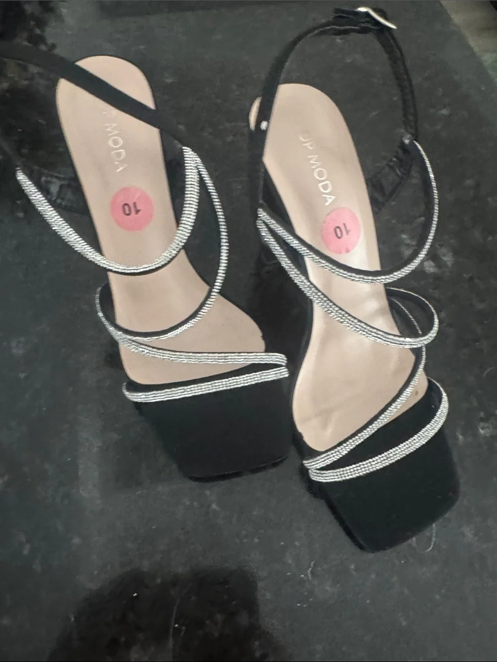 Moda Black Strappy Heeled Sandals with Silver Rope Detail